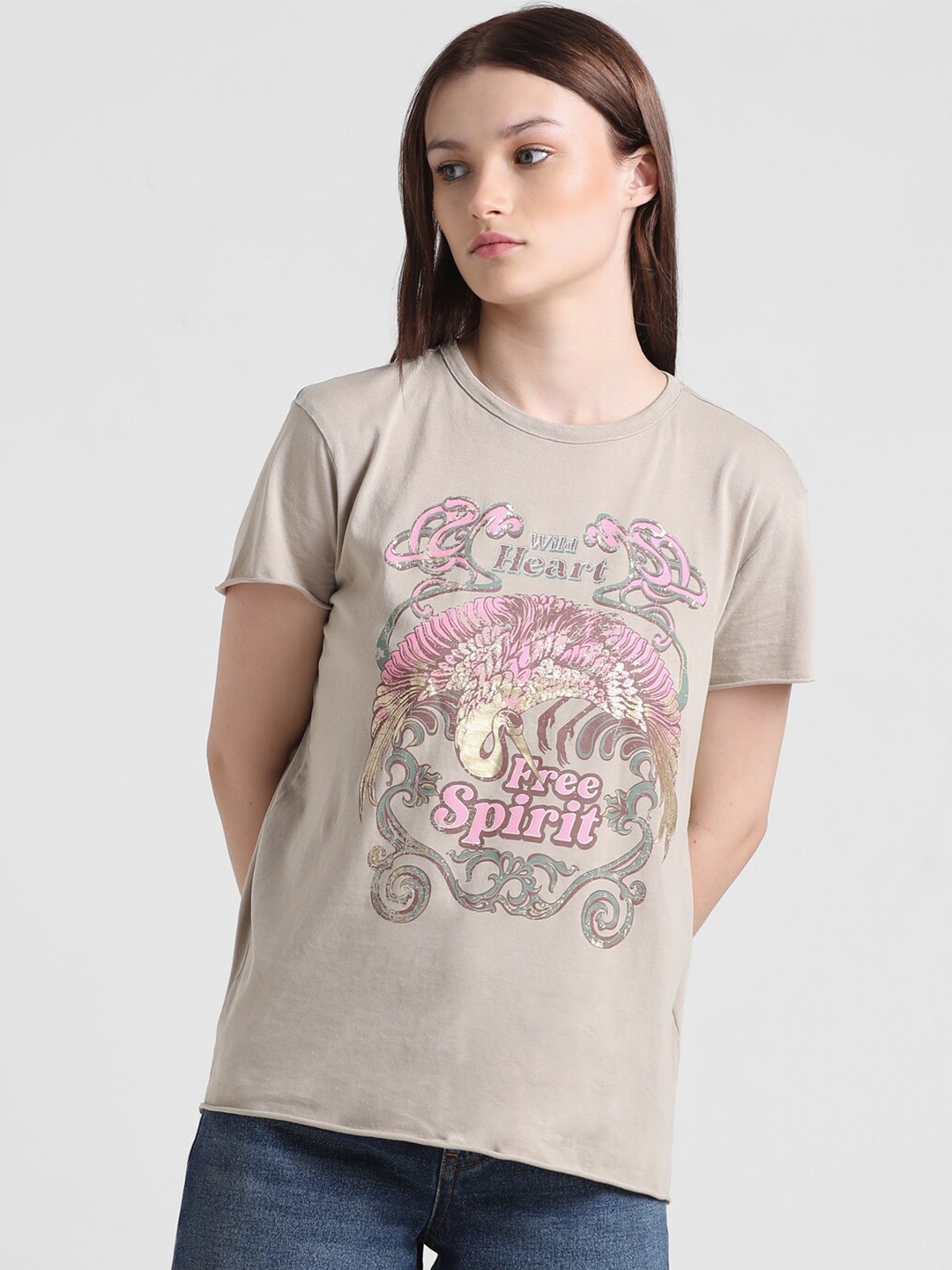 

ONLY Graphic Printed Round Neck Pure Cotton T-shirt, Beige