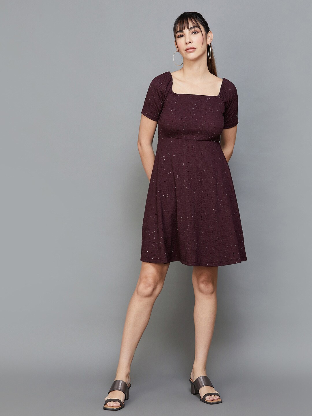 

CODE by Lifestyle Embellished Square Neck Fit & Flare Dress, Burgundy