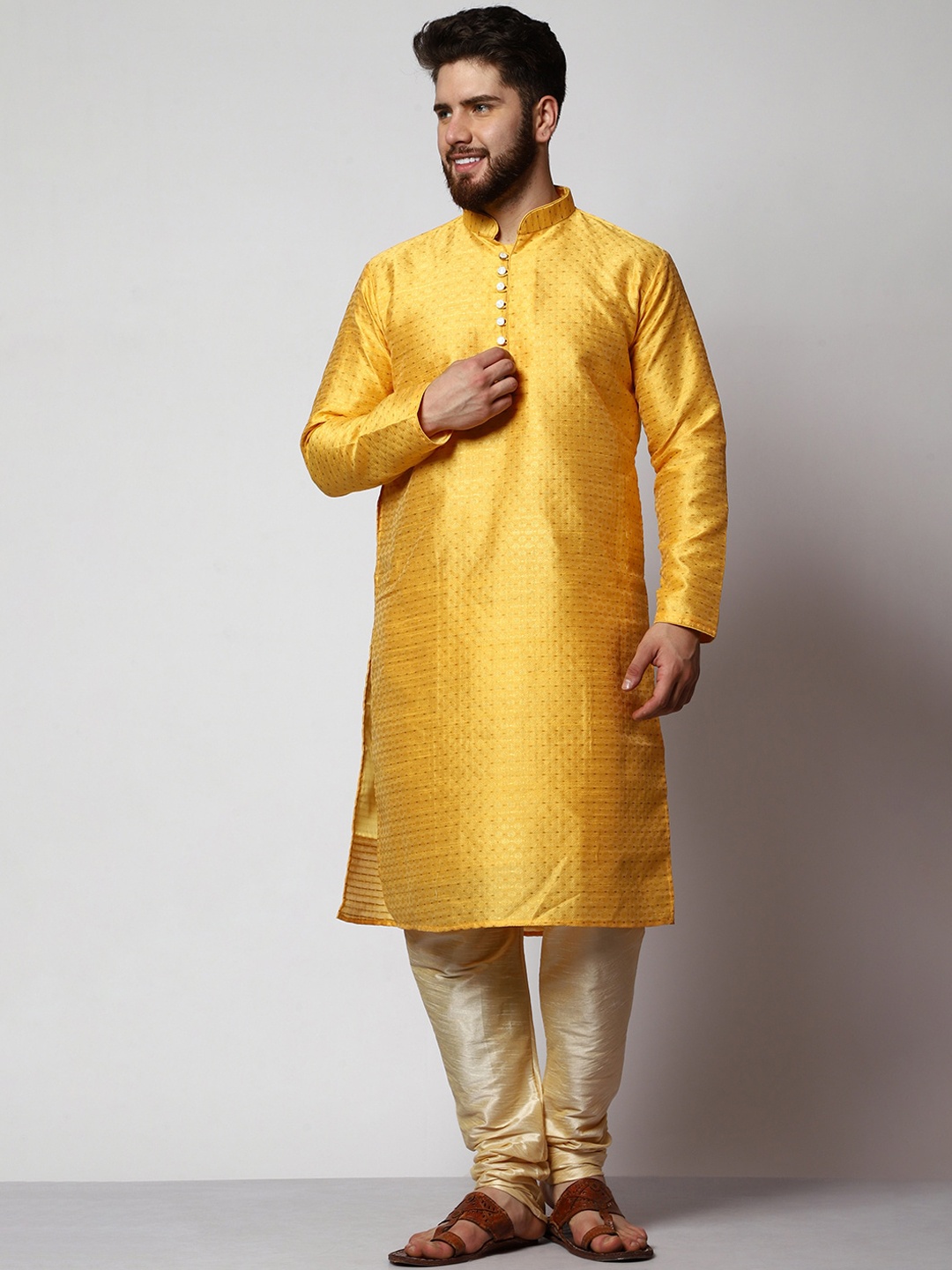 

MAG Self Design Mandarin Collar Kurta with Churidar, Mustard