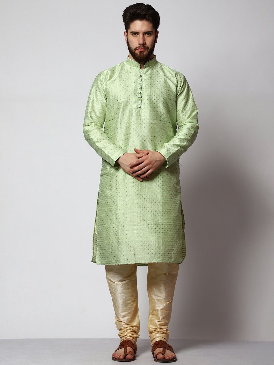 

MAG Woven Design Mandarin Collar Regular Kurta with Churidar, Green