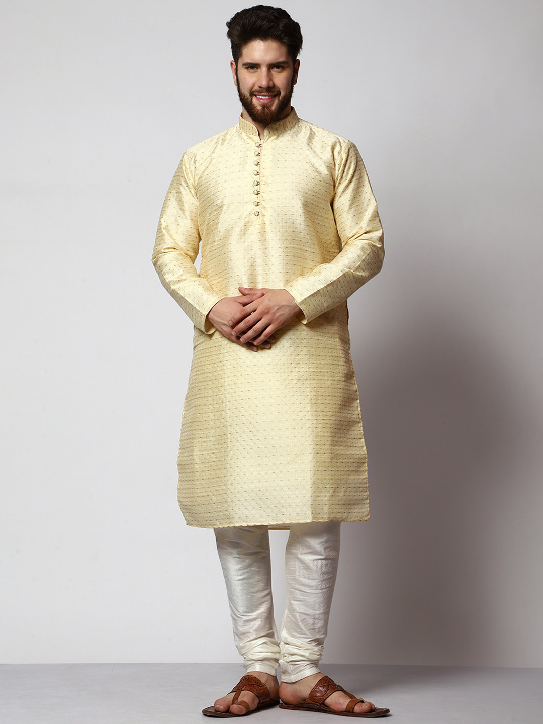 

MAG Woven Design Mandarin Collar Regular Pure Cotton Kurta with Pyjamas, Cream