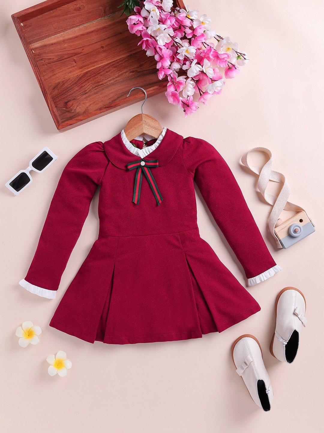 

YK Maroon Girls Peter Pan Collar Puff Sleeves Casual A-Line Dress
