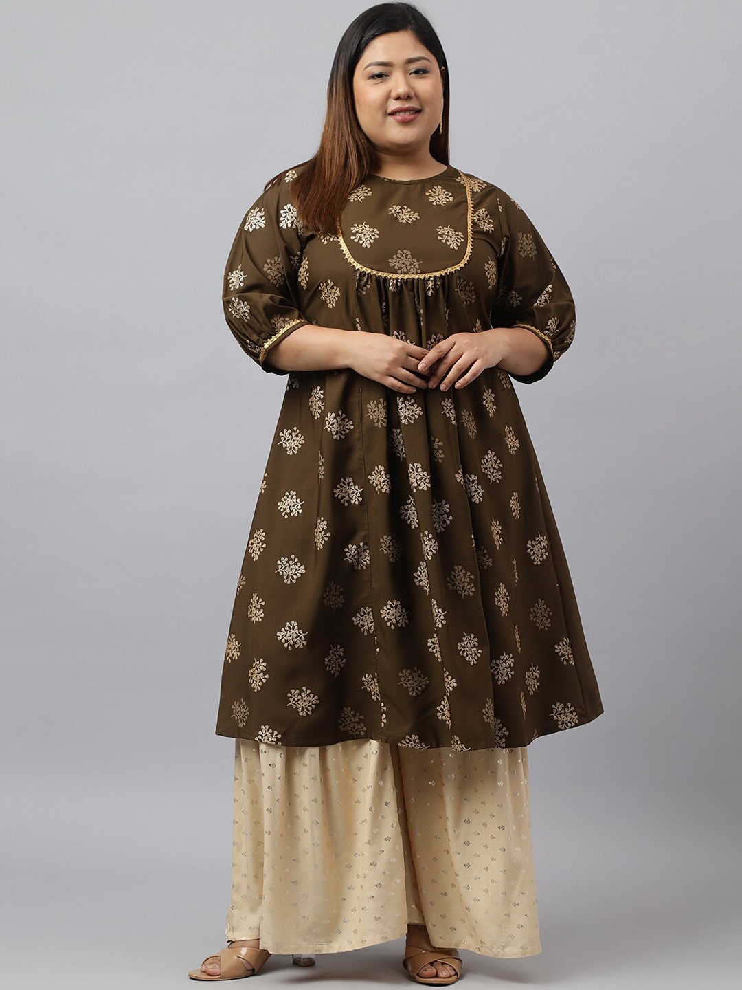 

XL LOVE by Janasya Plus Size Ethnic Motifs Printed Kurta, Olive