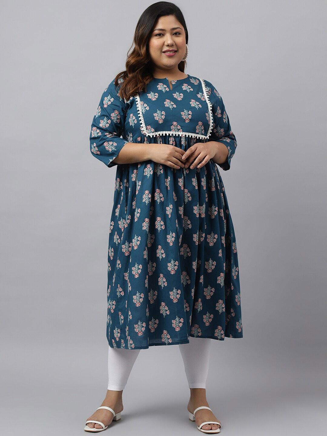 

XL LOVE by Janasya Plus Size Ethnic Motifs Printed Cotton Anarkali Kurta, Teal