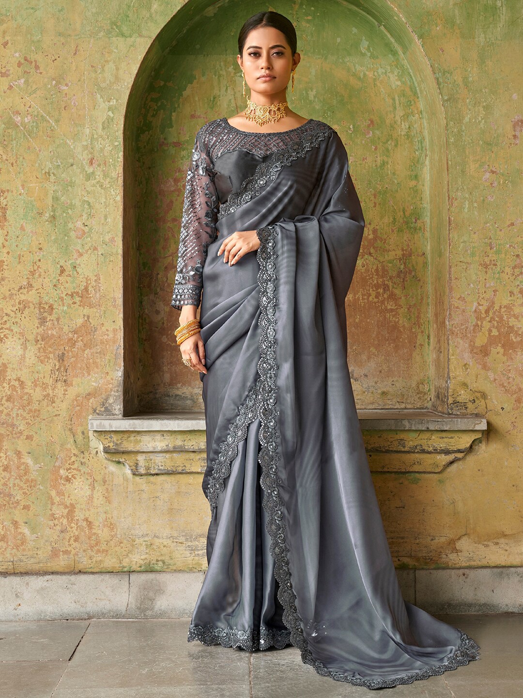 

FABPIXEL Grey Ombre Sequinned Satin Leheriya Saree