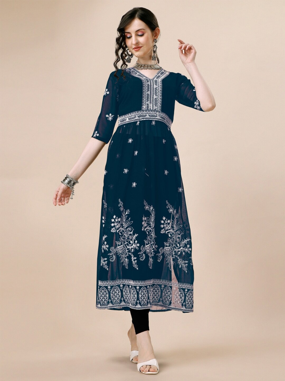 

HERE&NOW Motifs Embroidered Chikankari Georgette Naira Cut Kurta, Teal