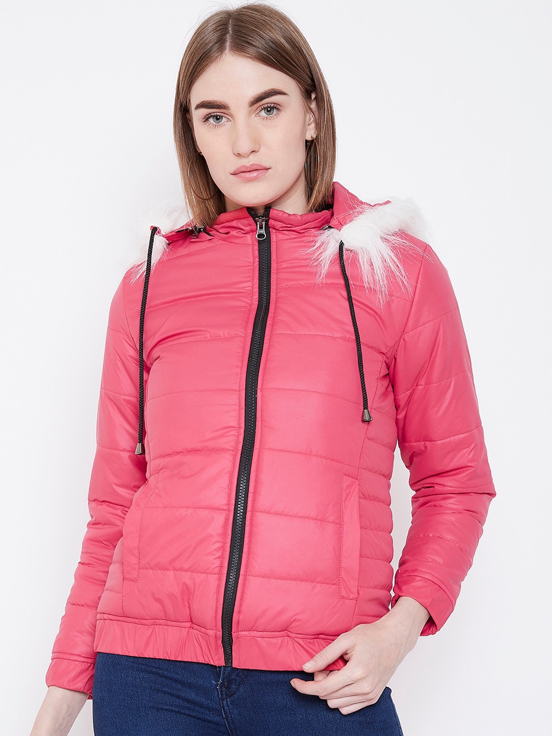 

DressBerry Hooded Faux Fur Trim Parka Jacket, Pink