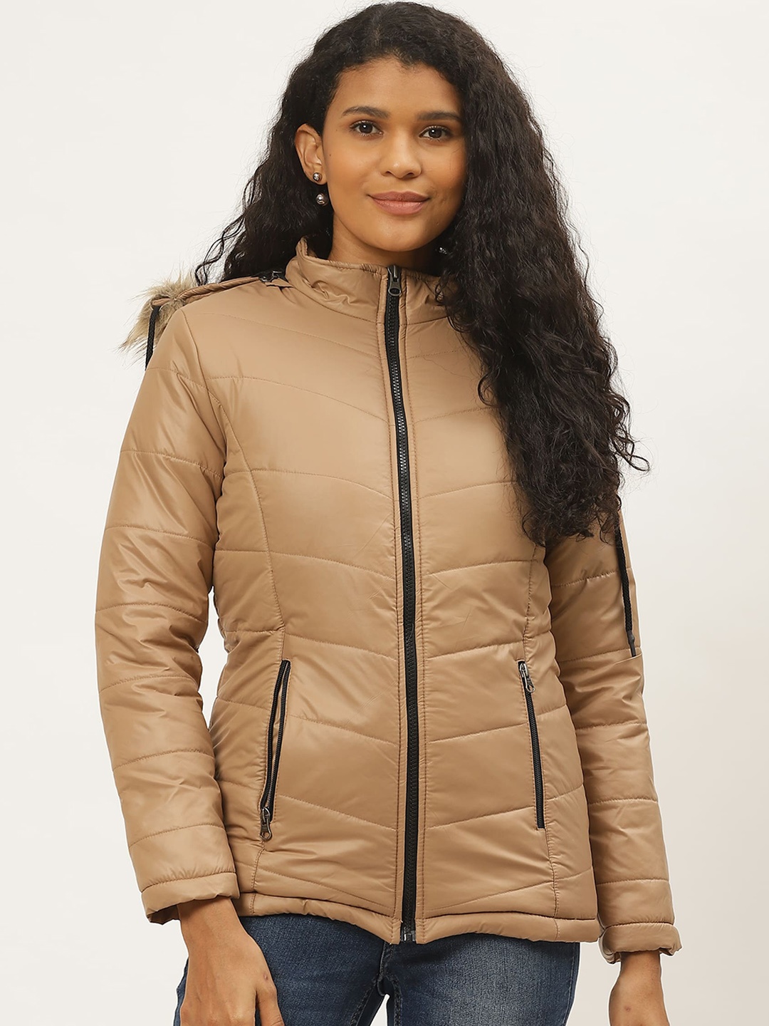 

DressBerry Hooded Faux Fur Trim Parka Jacket, Beige