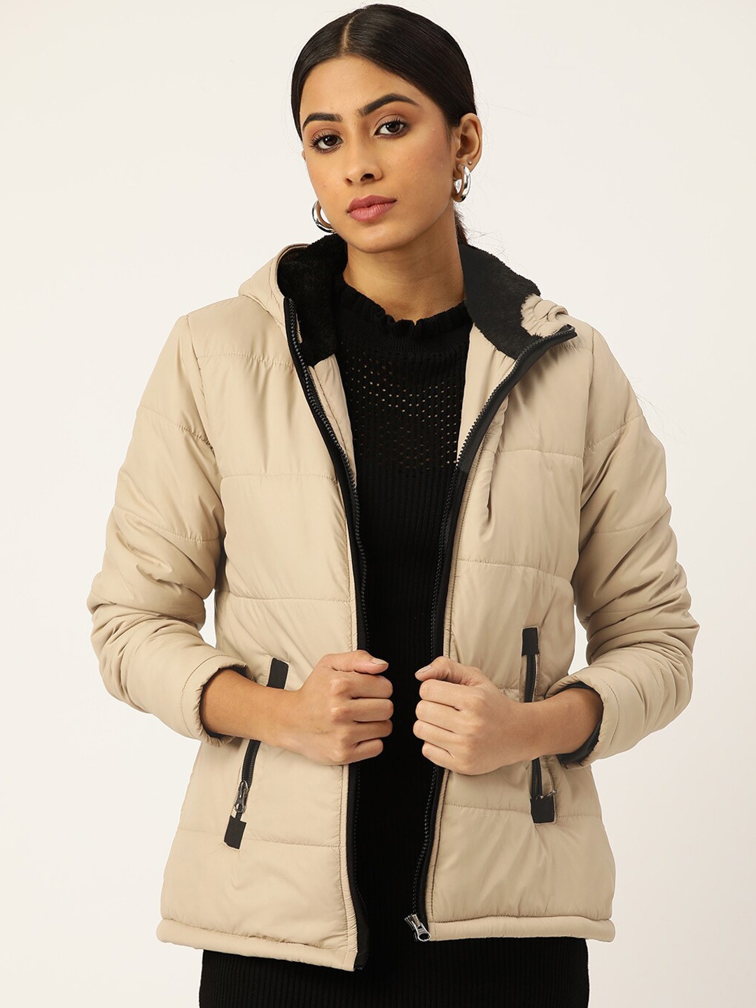 

DressBerry Beige Long Sleeves Nylon Hooded Padded Jacket