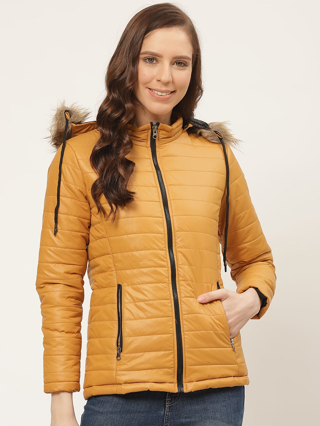 

DressBerry Mustard Yellow Long Sleeves Nylon Faux Fur Trim Hooded Padded Jacket