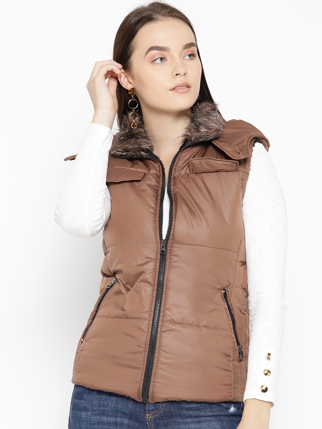 

DressBerry Hooded Faux Fur Trim Puffer Jacket, Brown