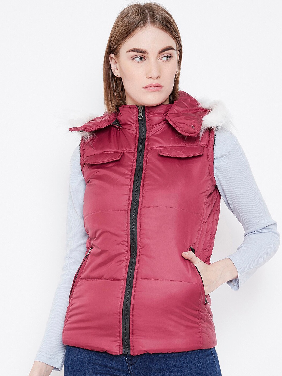 

DressBerry Hooded Faux Fur Trim Parka Jacket, Maroon