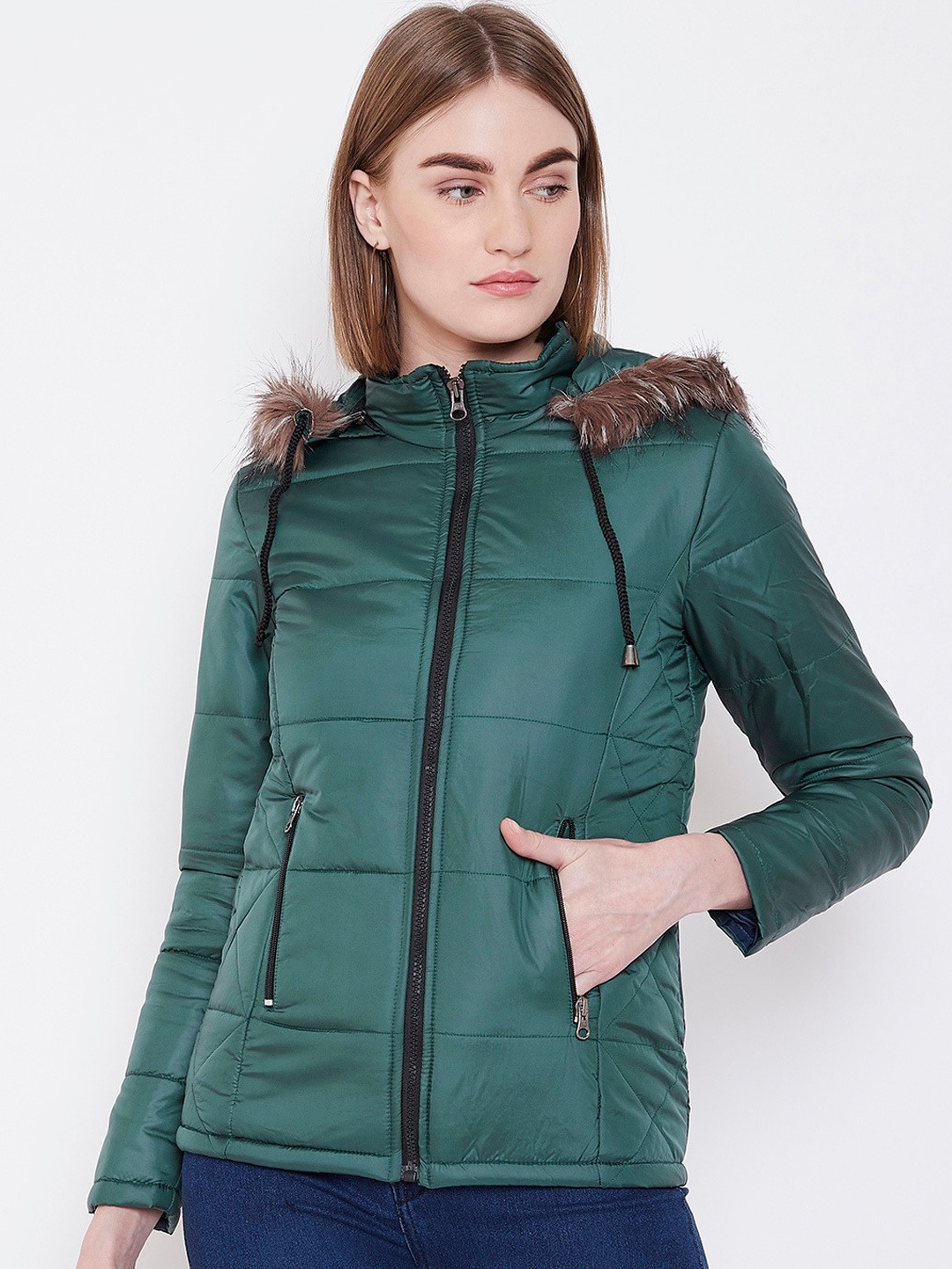 

DressBerry Green Long Sleeves Nylon Faux Fur Trim Hooded Padded Jacket