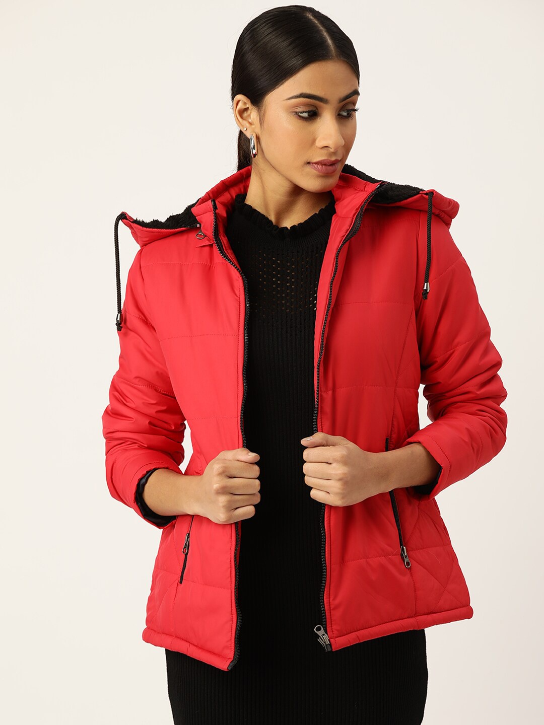 

DressBerry Red Long Sleeves Nylon Hooded Padded Jacket