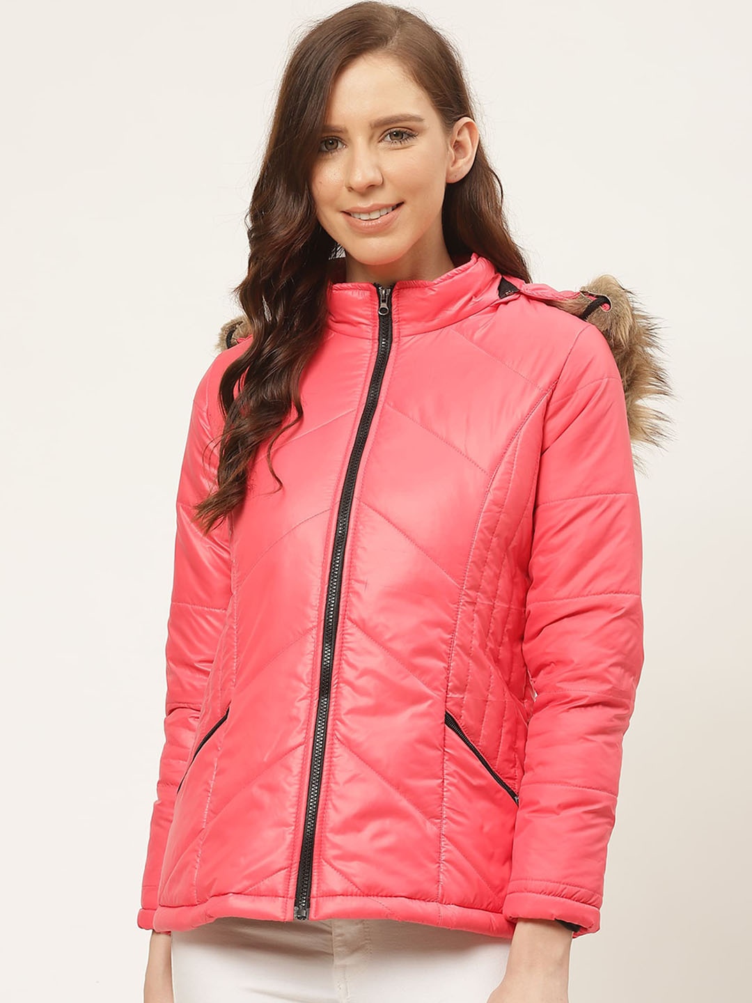 

DressBerry Hooded Faux Fur Trim Parka Jacket, Pink