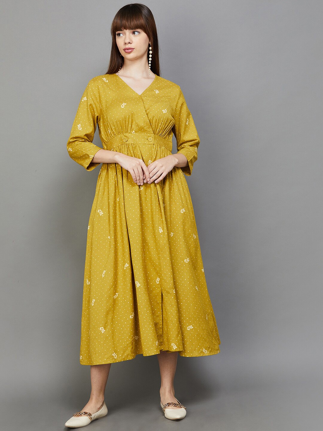 

Colour Me by Melange Floral Printed V-Neck Empire Midi Dress, Yellow