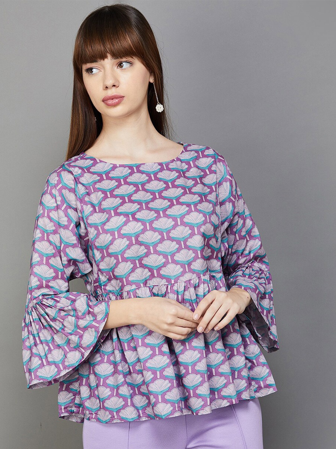 

Colour Me by Melange Ethnic Motifs Printed Bell Sleeve Peplum Top, Purple