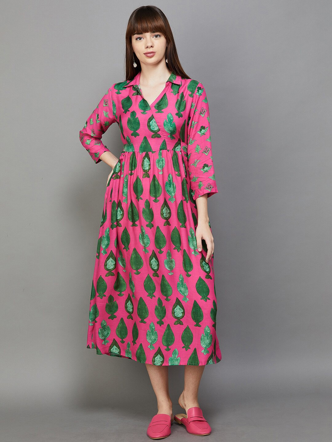 

Colour Me by Melange Floral Printed Shirt Collar Pleated Fit & Flare Midi Dress, Pink