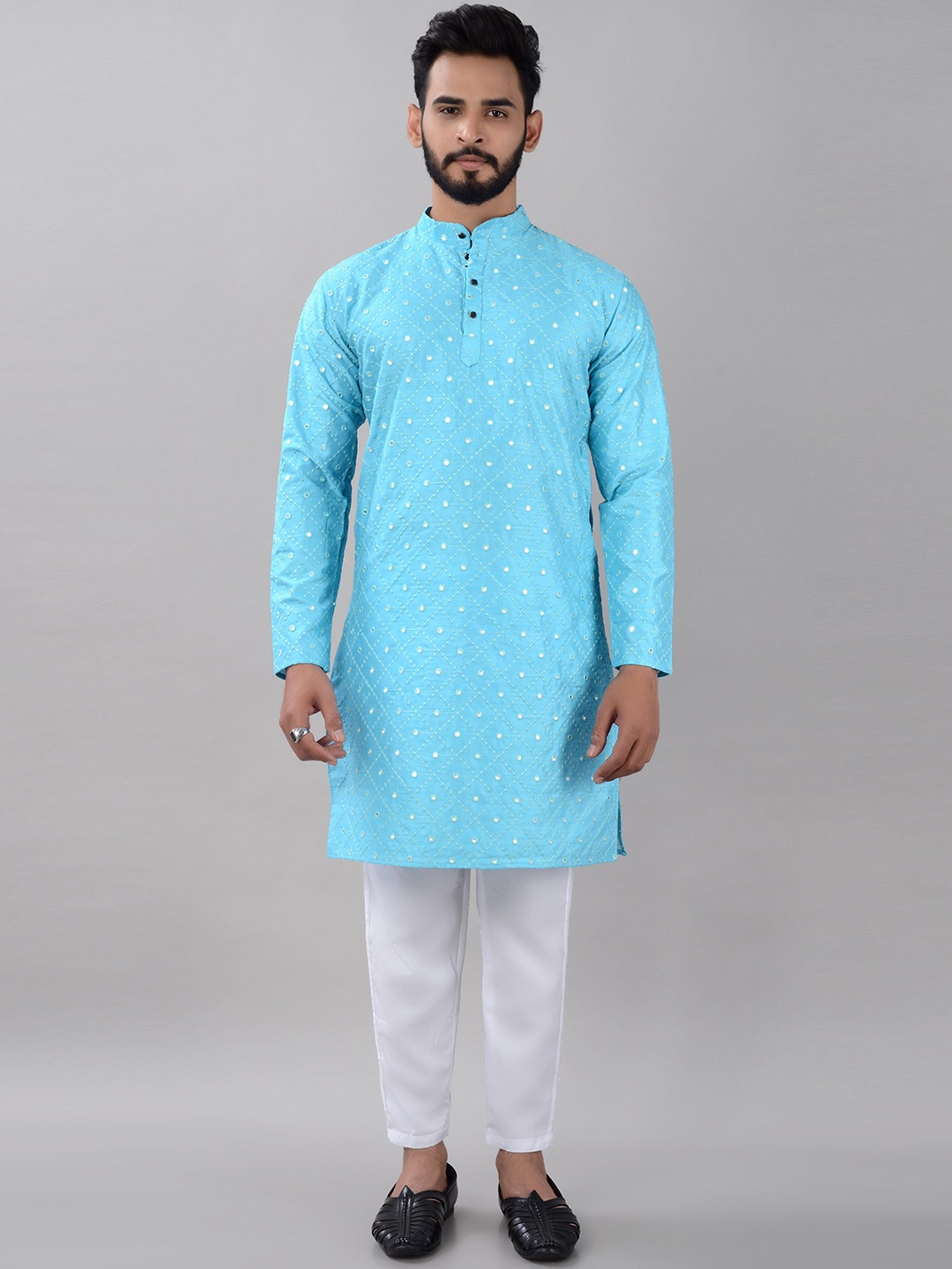 

VILLAIN Geometric Embroidered Band Collar Mirror Work Straight Kurta with Pyjamas, Blue