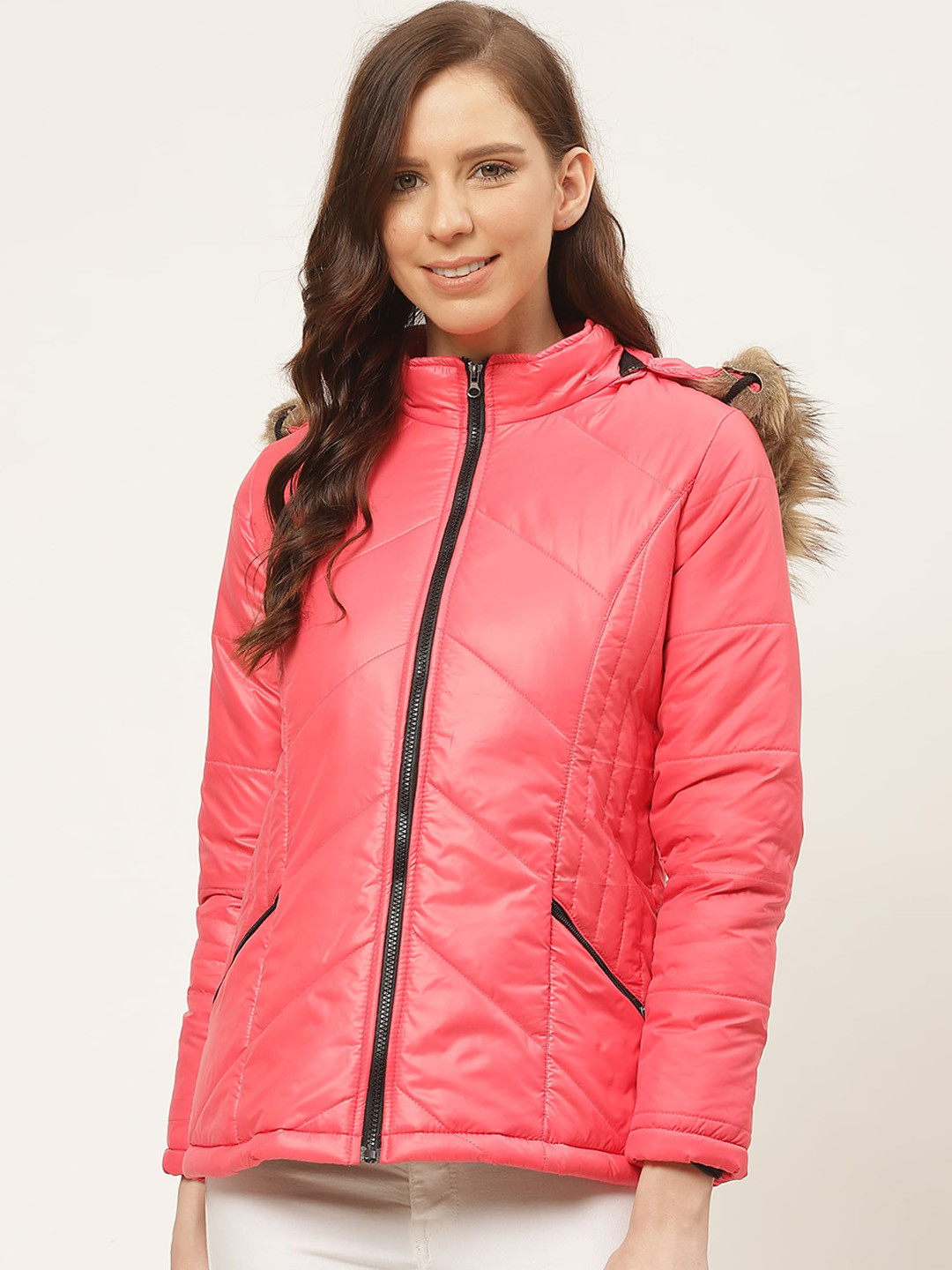 

Chemistry Hooded Neck Long Sleeves Faux Fur Trim Nylon Padded Jacket, Pink