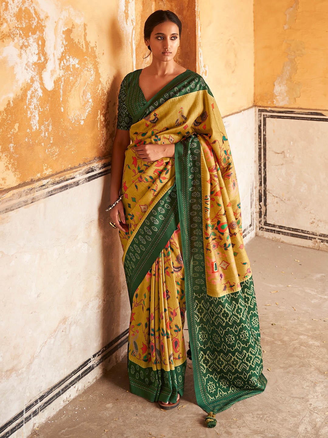 

Mitera Mustard & Green Ethnic Motifs Printed Bagru Saree