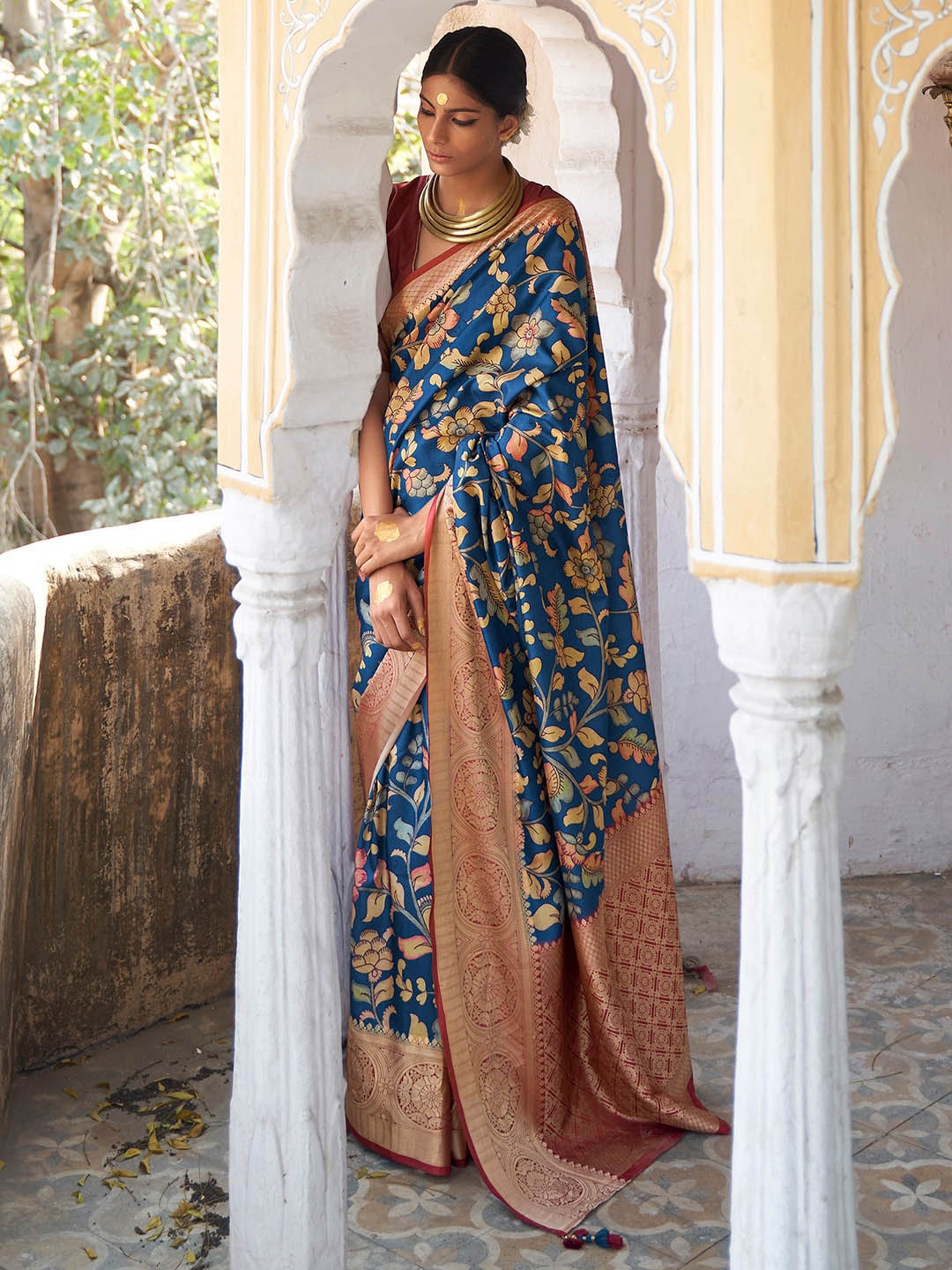 

Mitera Blue & Red Kalamkari Printed Zari Sungudi Saree
