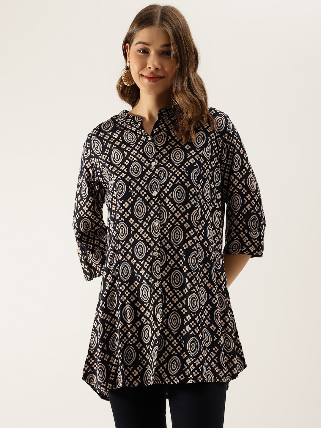 

Divena Geometric Printed Mandarin Collar A-Line Top, Navy blue
