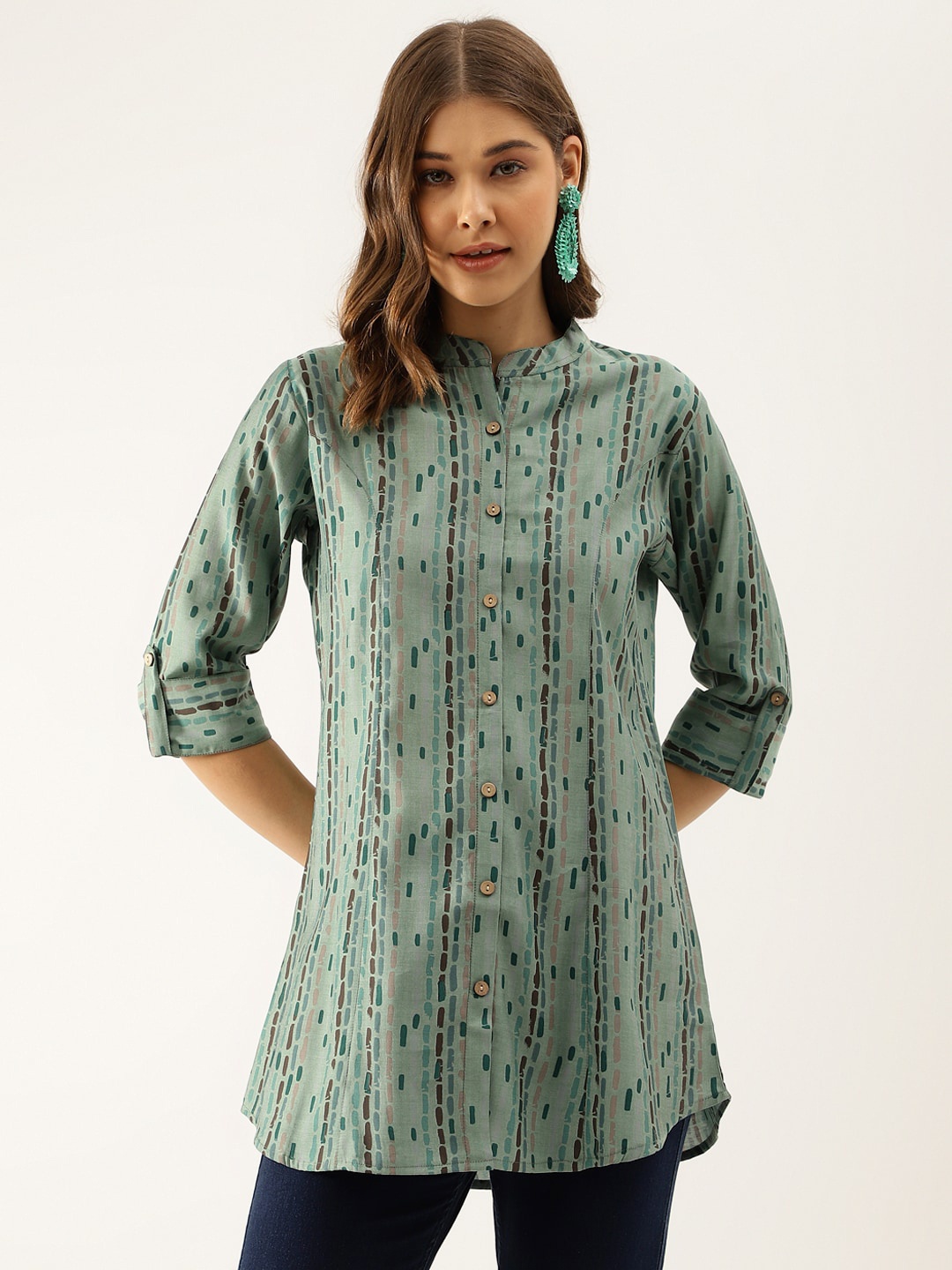 

Divena Abstract Printed Mandarin Collar Shirt Style Longline Top, Green