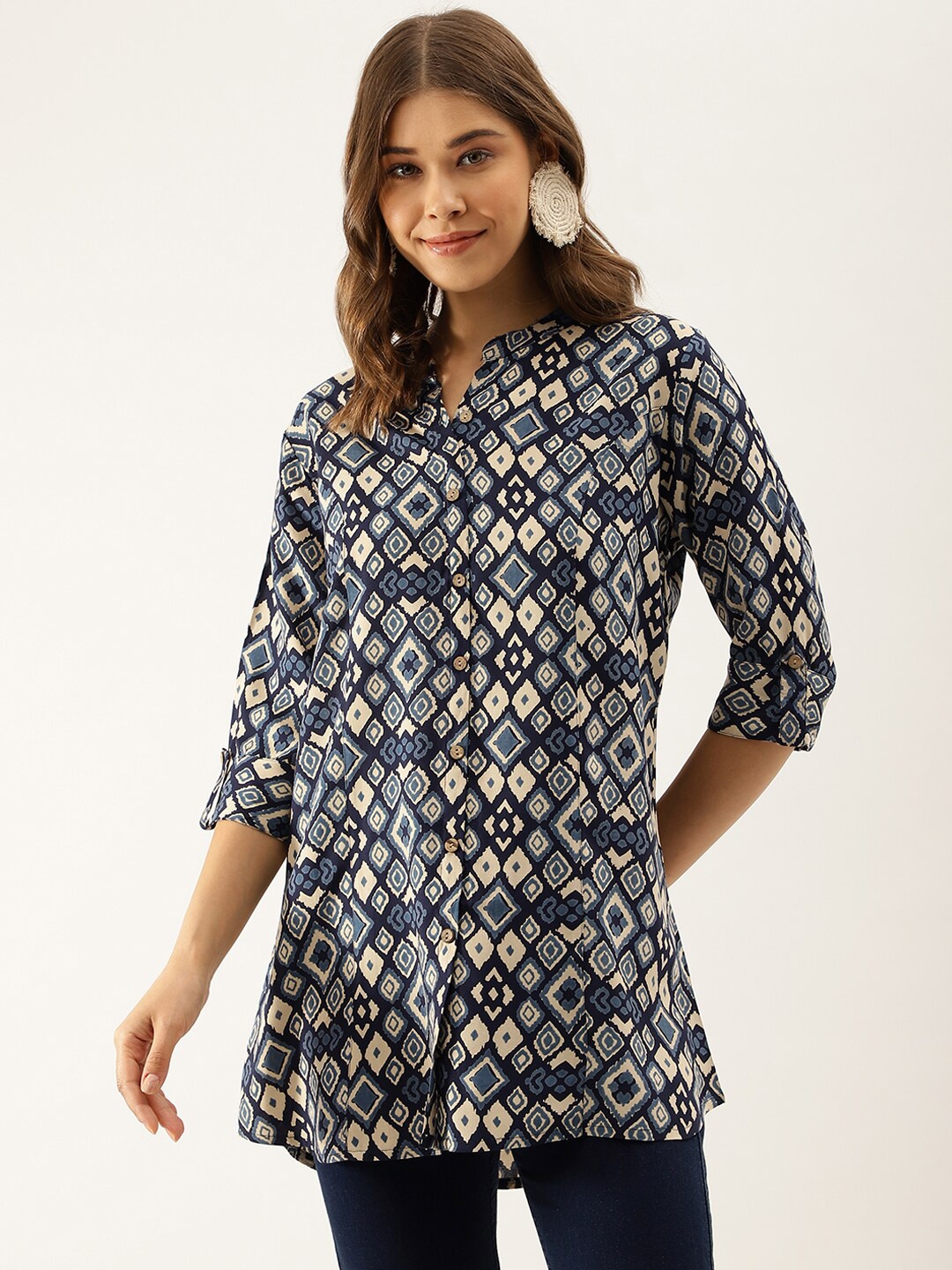 

Divena Geometric Printed Mandarin Collar Shirt Style Longline Top, Navy blue