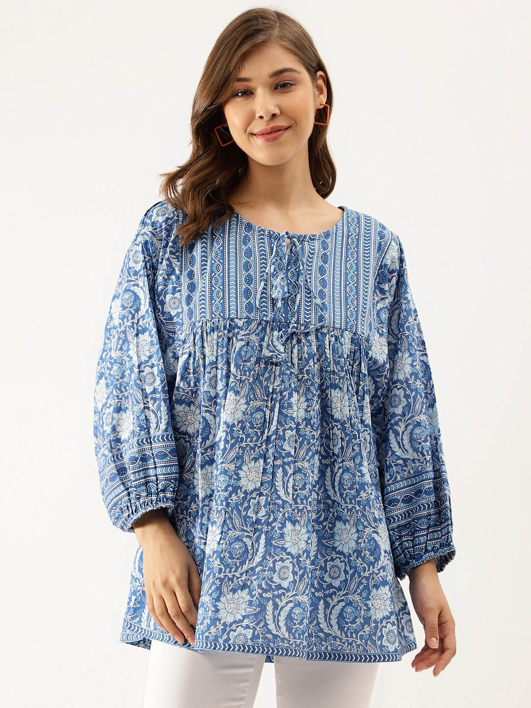 

Divena Ethnic Motifs Printed Tie-Up Neck Gathered Cotton A-Line Top, Blue