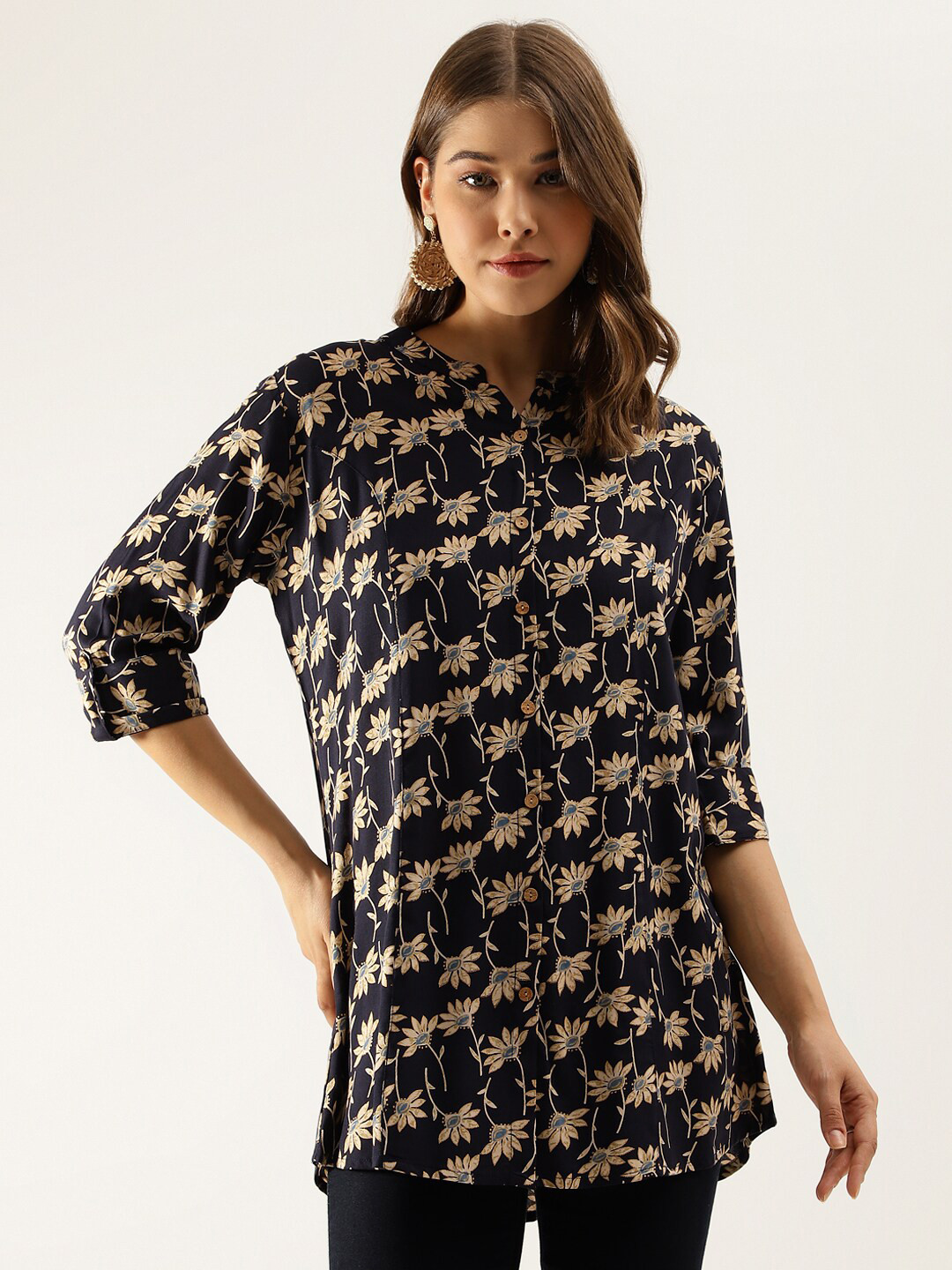 

Divena Floral Printed Mandarin Collar Shirt Style Longline Top, Navy blue