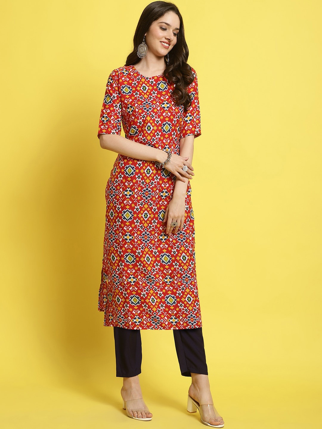 

KALINI Ethnic Motifs Printed Regular Straight Kurta with Trousers, Orange