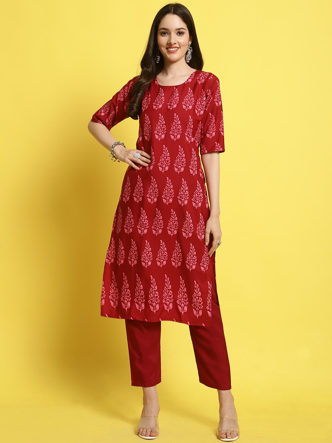 

KALINI Ethnic Motifs Printed Regular Kurta with Trousers, Red