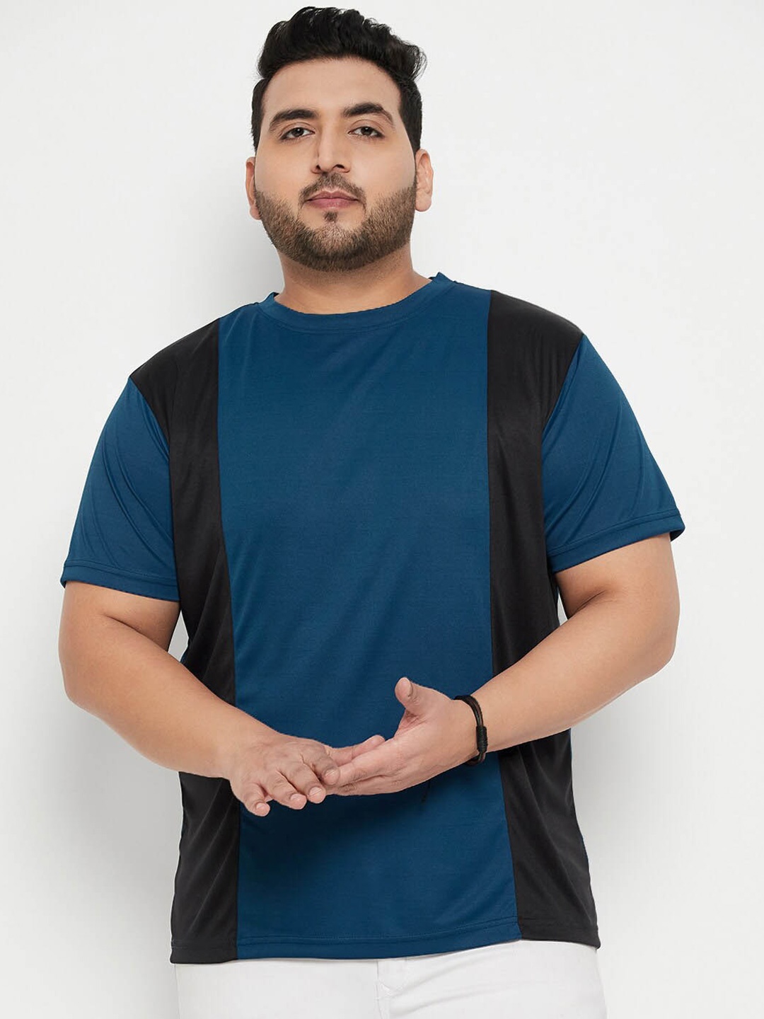 

bigbanana Plus Size Colourblocked Round Neck Regular T-shirt, Blue