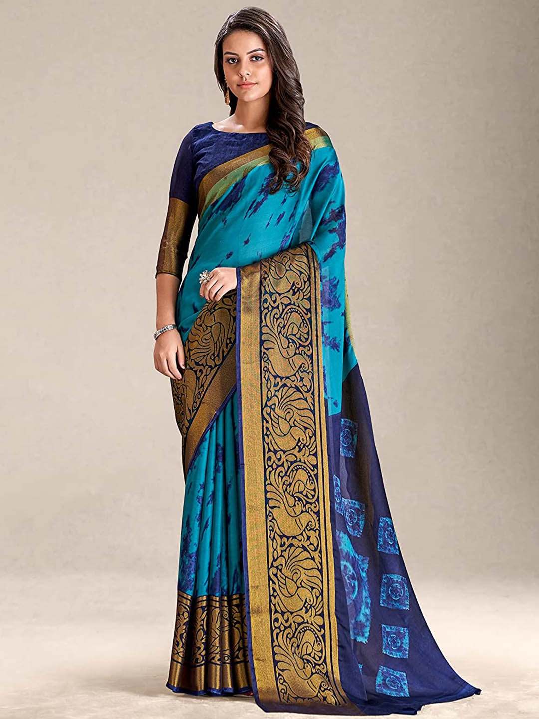 

KALINI Abstract Printed Zari Saree, Green