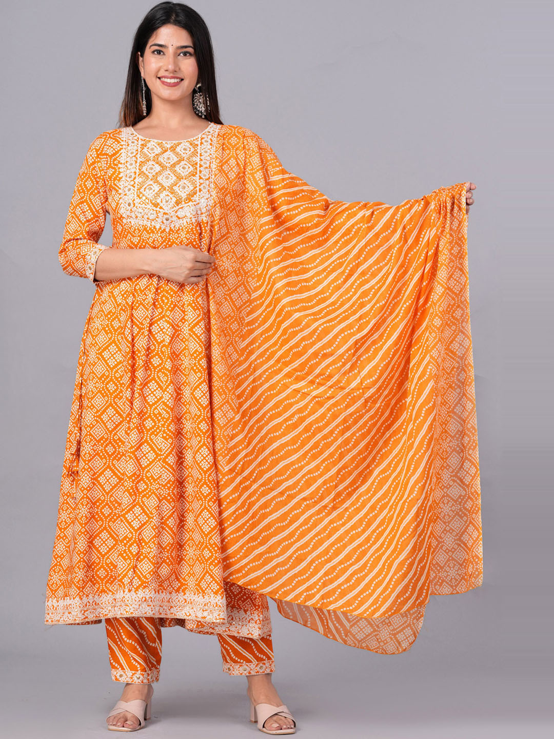 

DORIYA Bandhani Printed Round Neck Anarkali Kurta with Palazzos & With Dupatta, Yellow