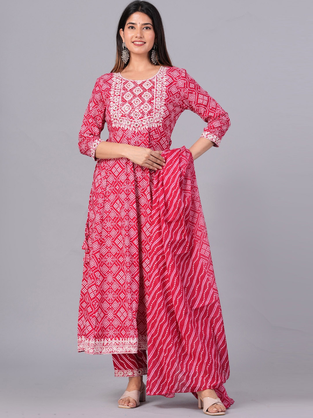 

DORIYA Bandhani Printed Round Neck Anarkali Kurta with Palazzos & With Dupatta, Pink