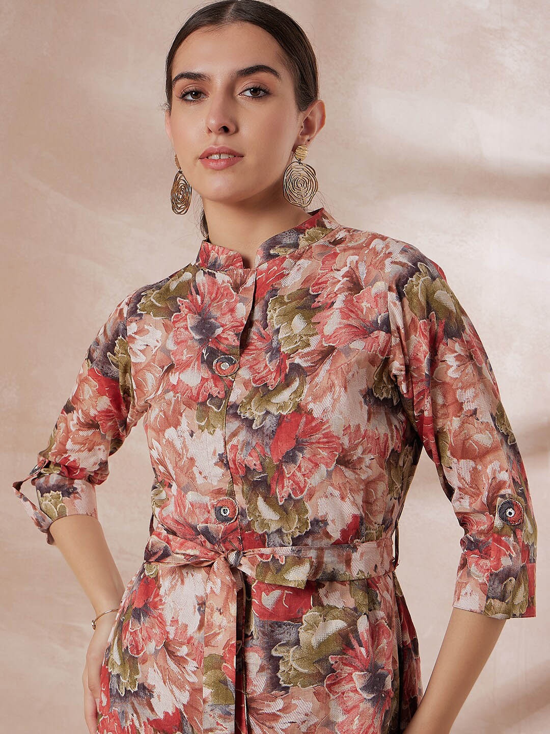 

all about you Peach-Coloured Floral Printed Mandarin Collar Cotton A-Line Dress