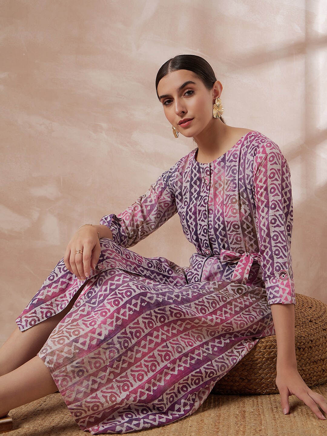 

all about you Purple Ethnic Motifs Printed Cotton A-Line Midi Dress