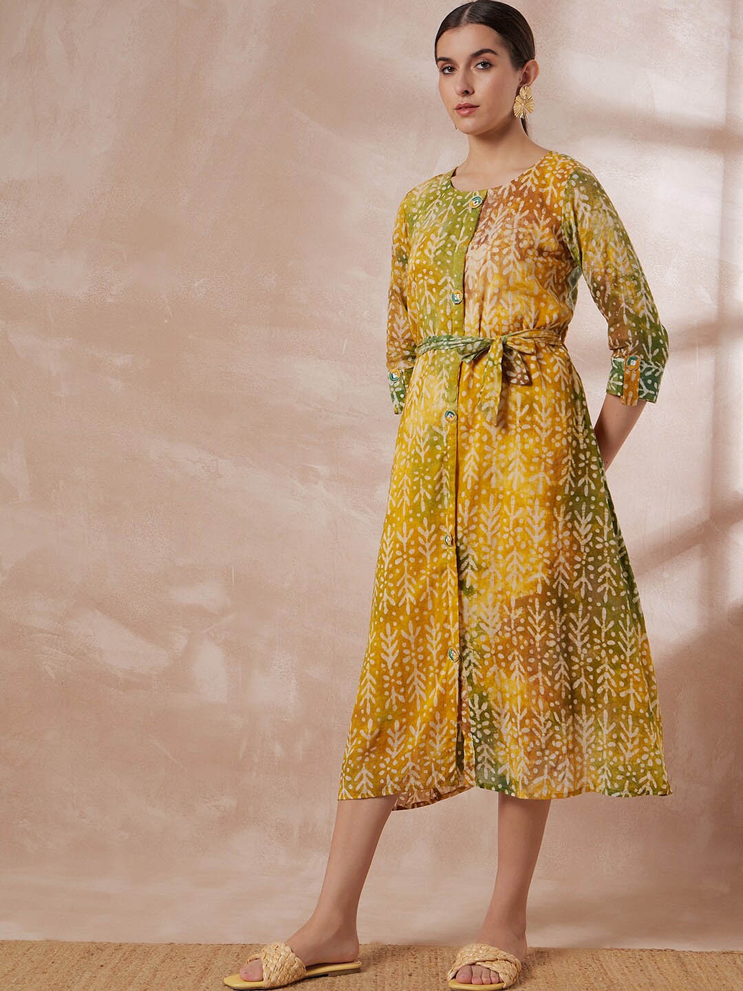 

all about you Yellow Ethnic Motifs Printed Cotton A-Line Midi Dress