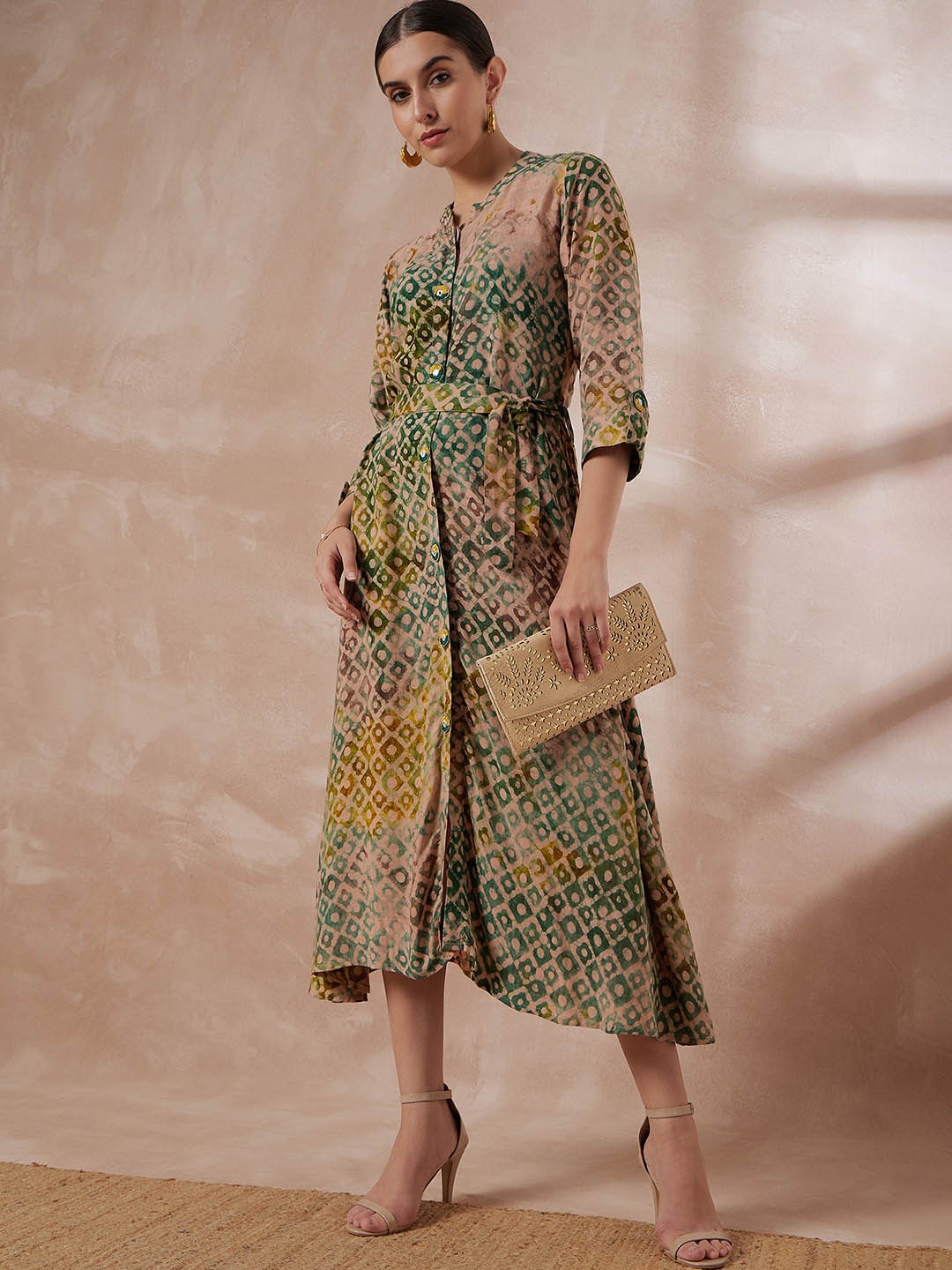 

all about you Green Ethnic Motifs Printed Mandarin Collar Cotton A-Line Midi Dress