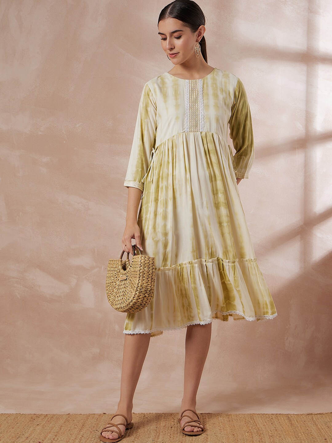 

all about you Abstract Printed Gathered A-Line Dress, Yellow