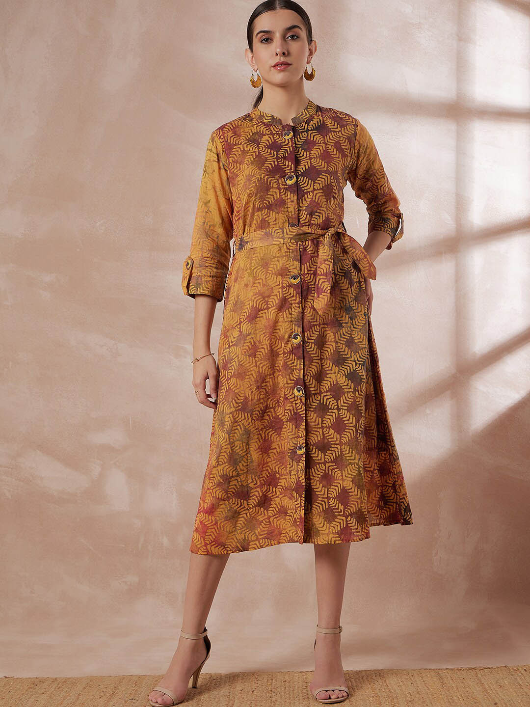 

all about you Ethnic Motifs Printed Cotton A-Line Midi Dress, Mustard