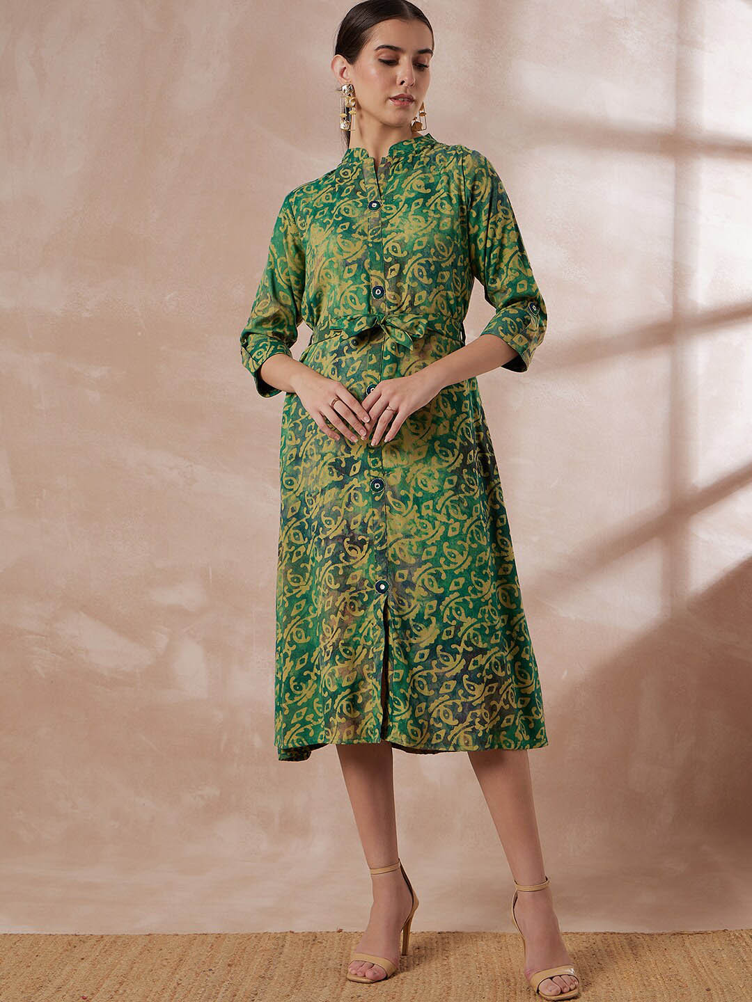 

all about you Floral Printed Mandarin Collar Cotton A-Line Midi Dress, Lime green