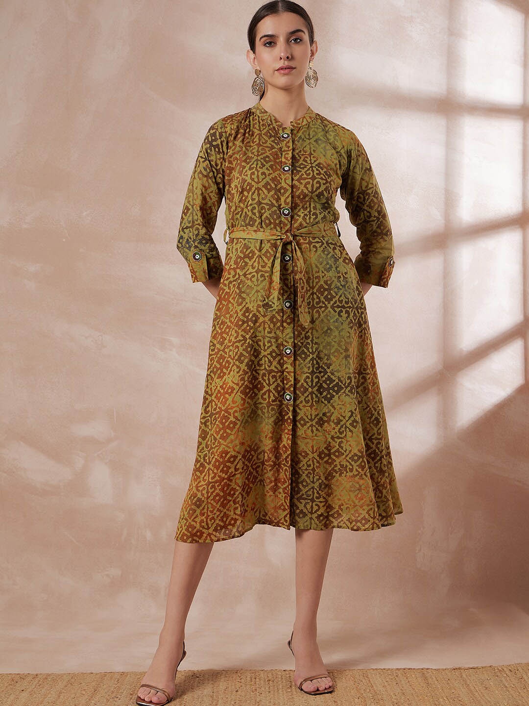 

all about you Ethnic Motifs Printed Mandarin Collar Cotton A-Line Midi Dress, Green