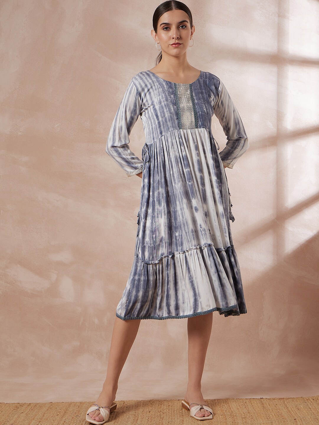 

all about you Tie & Dye Printed Gathered Fit & Flare Dress, Grey