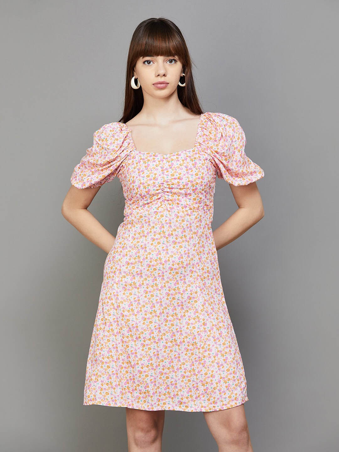 

Ginger by Lifestyle Floral Printed Puff Sleeve A-Line Dress, Pink