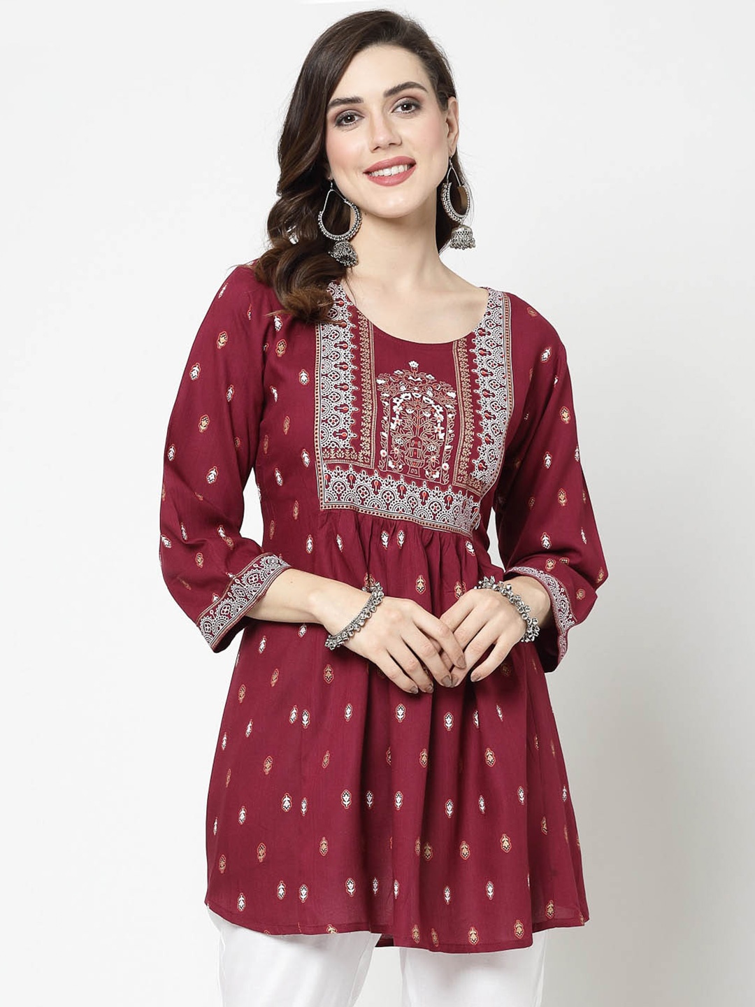 

SkyaSia Ethnic Motifs Printed A-Line Kurti, Maroon