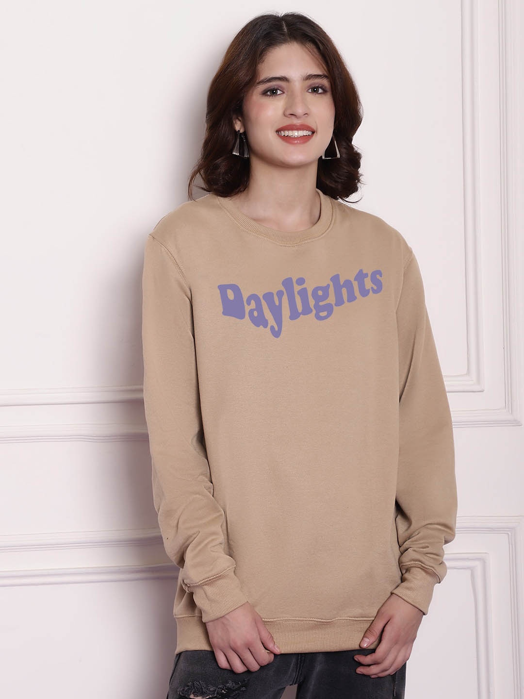 

Imsa Moda Typography Printed Pullover Fleece Oversized Sweatshirt, Beige