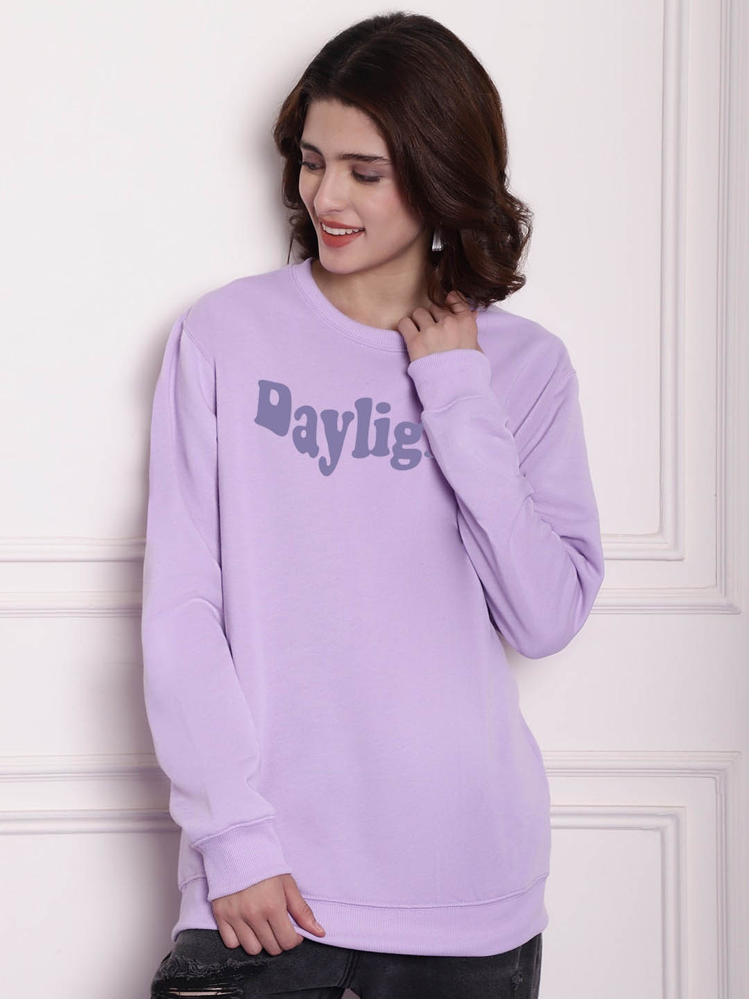 

Imsa Moda Typography Printed Pullover Fleece Oversized Sweatshirt, Lavender